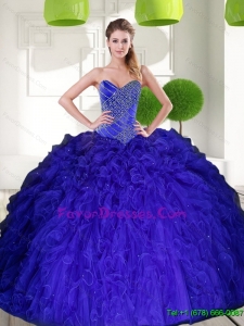 Western Peacock Blue Sweetheart Beading Ball Gown Quinceanera Dress with Ruffles