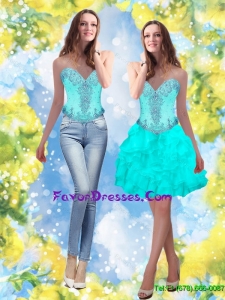 Detachable 2015 Beading and Ruffles Sweetheart Aqua Blue Prom Dress