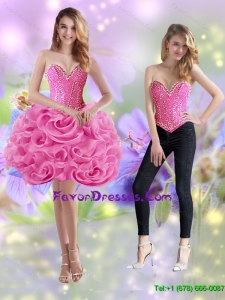 Detachable 2015 Short Sweetheart Rolling Flowers Rose Pink Prom Dress