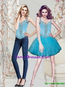 Detachable Beading and Ruffles Aqua Blue Prom Dress