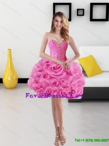 Detachable Sweetheart Short Rolling Flowers Rose Pink Prom Dress for 2015