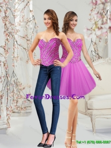 Perfect 2015 Sweetheart Tulle Short Fuchsia Prom Dress with Beading