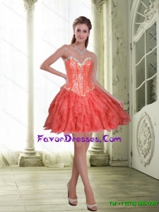 Perfect Short Beading and Ruffles Coral Red Prom Dress for 2015