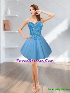 Pretty 2015 Short Sweetheart Tulle Blue Prom Dress with Beading