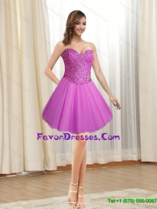 Pretty 2015 Short Tulle Sweetheart Fuchsia Prom Dress with Beading