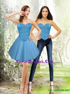 Pretty Short 2015 Sweetheart Tulle Blue Prom Dress with Beading