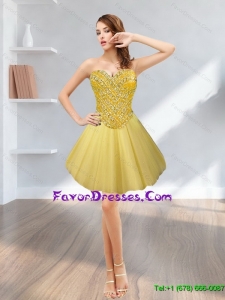 Pretty Tulle Short Sweetheart Beading 2015 Gold Prom Dress
