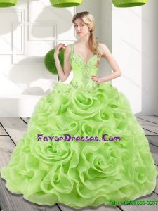 Remarkable Beading and Rolling Flowers Spring Green 2015 Quinceanera Dresses