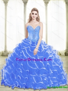 Pretty Beading and Ruffled Layers Sweetheart 2015 Blue Quinceanera Dresses