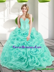 Gorgeous Beading and Rolling Flowers 2015 Quinceanera Dresses in Aqua Blue