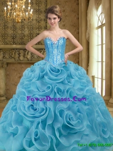 Western Beading and Rolling Flowers Baby Blue 2015 Quinceanera Gown