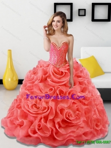 Western Beading and Rolling Flowers Coral Red Quinceanera Dresses for 2015