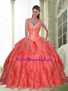 Western Beading and Ruffles Coral Red Quinceanera Dresses with Sweetheart