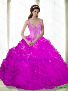 Western Beading and Ruffles Sweetheart Fuchsia 2015 Dresses for a Quinceanera