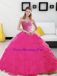 Unique Beading and Ruffles Sweetheart Hot Pink 2015 Quinceanera Dresses