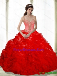 Unique Beading and Ruffles Sweetheart Red Dresses for a Quinceanera