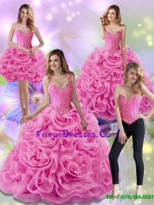 Unique Rose Pink 2015 Quinceanera Dresses with Beading and Rolling Flowers