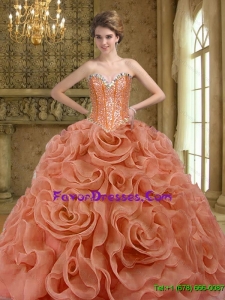 Designer Beading and Rolling Flowers Rust Red Quinceanera Gown