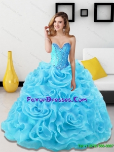 Designer Beading and Rolling Flowers Sweetheart Quinceanera Dresses in Aqua Blue for 2015