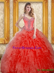 Designer Beading and Ruffles Coral Red Quinceanera Dress
