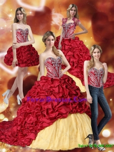 Designer Embroidery Wine Red and Yellow Quinceanera Dresses