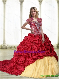 Modern Embroidery Quinceanera Dresses in Wine Red and Yellow