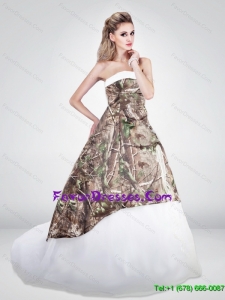 Luxurious A Line Strapless Camo Wedding Dresses with Brush Train