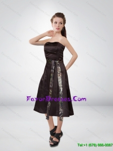 2015 Simple Short Strapless Camo Prom Dresses with Tea Length