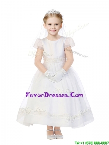 Modest Scoop Cap Sleeves Organza Flower Girl Dress with Appliques