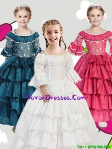 Gorgeous Spaghetti Straps Three Fourth Length Sleeves Little Girl Pageant Dress with Lace and Ruffled Layers