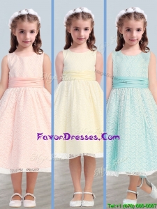New Style Scoop Little Girl Pageant Dress with Lace and Belt