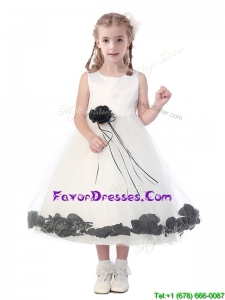 Romantic Scoop Flower Girl Dress with Hand Made Flowers and Appliques
