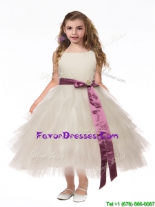 Lovely Scoop White Flower Girl Dress with Bowknot and Ruffled Layers