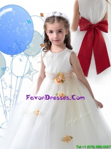 Luxurious Scoop White Flower Girl Dress with Sashes and Hand Made Flowers