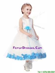Perfect Scoop Flower Girl Dress with Aqua Blue Hand Made Flowers