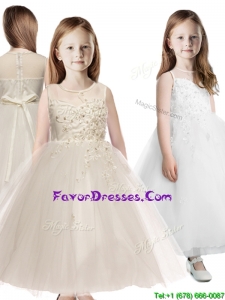 See Through Scoop Appliques Flower Girl Dress in Champagne