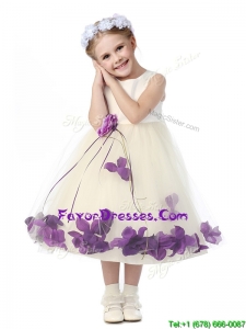 Gorgeous Scoop Flower Girl Dress with Purple Hand Made Flowers and Appliques