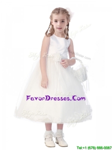 New Style Scoop Hand Made Flowers and Appliques Flower Girl Dress in White