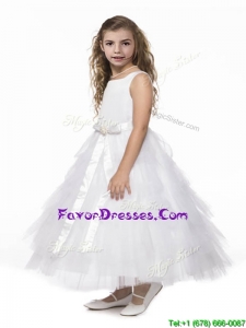 New Style Scoop Ruffled Layers and Bowknot Flower Girl Dress in White