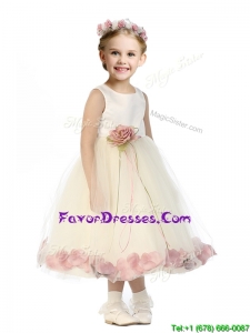 Popular Scoop Tulle Flower Girl Dress with Hand Made Flowers and Appliques