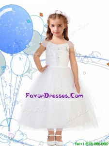 Top Selling Square Cap Sleeves Appliques Flower Girl Dress in White