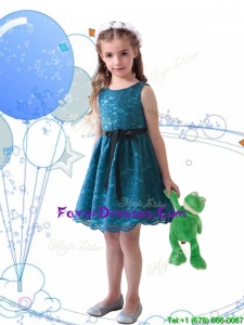 Wonderful Laced and Sashed Scoop Little Girl Pageant Dress in Teal
