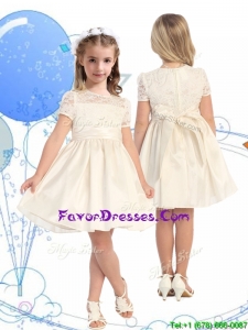 Classical Scoop Short Sleeves Champagne Little Girl Pageant Dress with Lace and Belt