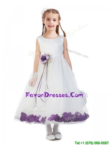 Elegant Hand Made Flowers and Applique Scoop Flower Girl Dress in White