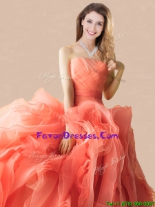 2016 Exclusive Rolling Flowers Orange Red Quinceanera Dress with Brush Train