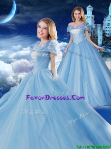 2016 Off the Shoulder Brush Train Applique Quinceanera Gown with Removable Cap Sleeves