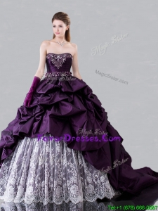 2016 Pretty Brush Train Beaded and Bubble Sweet 16 Dress in Taffeta and Lace
