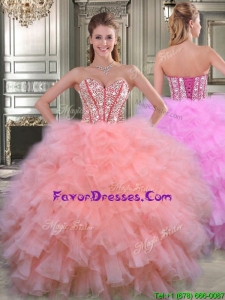 Visible Boning Beaded Bodice and Ruffled Quinceanera Dress in Watermelon Red