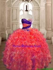 Exquisite Big Puffy Beaded and Ruffled Quinceanera Dress in Orange Red