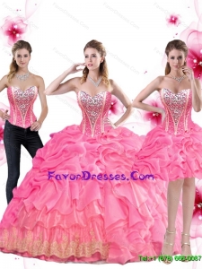 Beautiful 2015 Fall Rose Pink Quinceanera Dress with Beading and Pick Ups